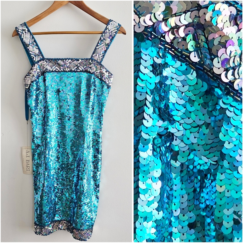 💎 A.J. Bari Vintage 90s NWT Iridescent Sequin Mini Dress Blue Glam Size 8
